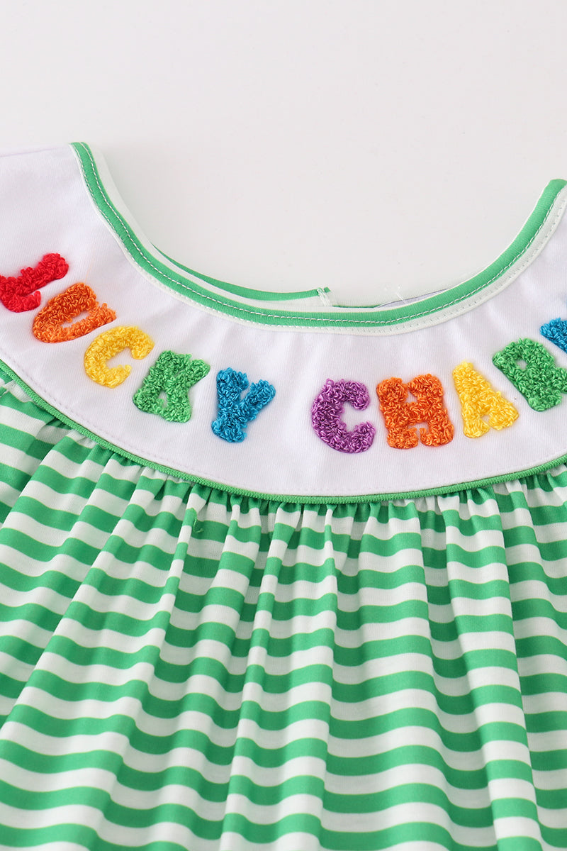 Lucky Charm French Knot Green Stripe Girl Pants Set