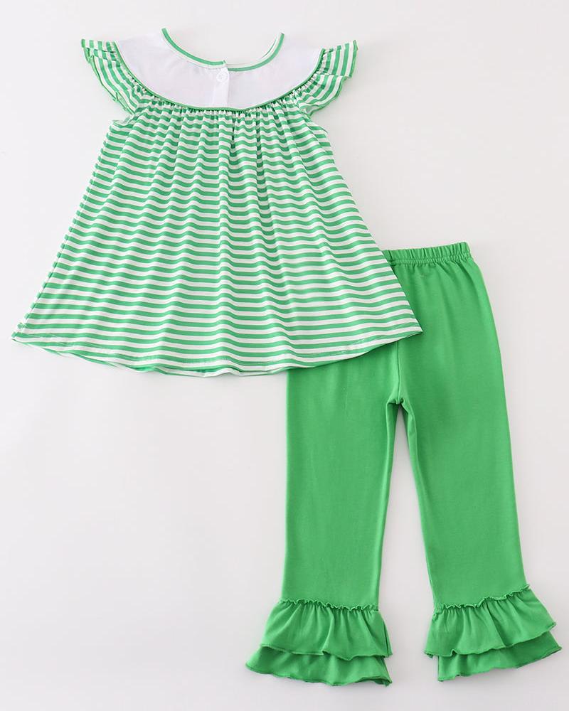 Lucky Charm French Knot Green Stripe Girl Pants Set