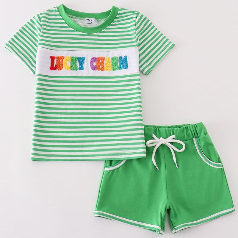 Lucky Charm French Knot Green Stripe Boy Set