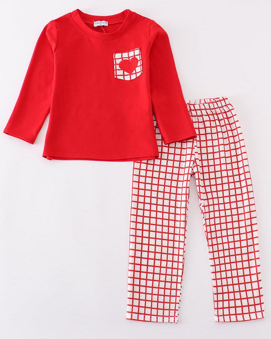 Red Valentine Heart Embroidered Boy Pants Set