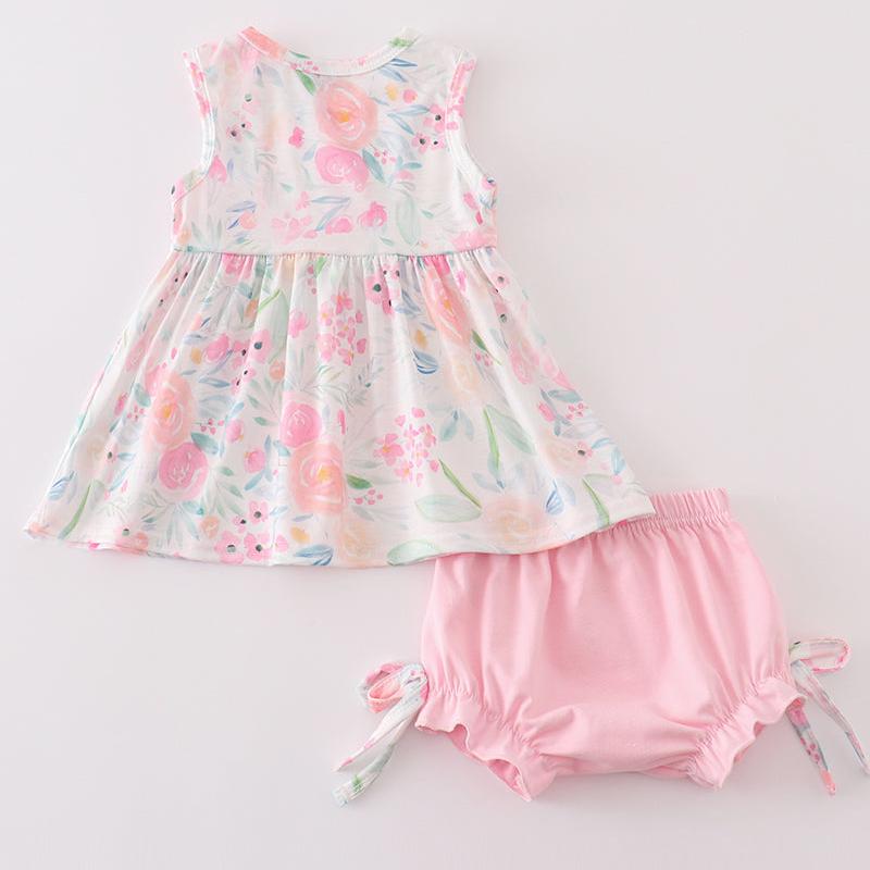 Pink Pastel Meadow Print Girl Bloomers Set