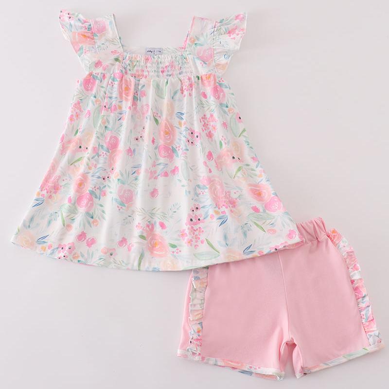 Pink Pastel Meadow Print Smocked Girl Set