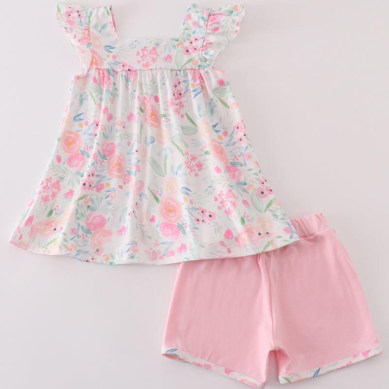 Pink Pastel Meadow Print Smocked Girl Set