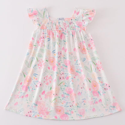 Pink Pastel Meadow Print Smocked Dress