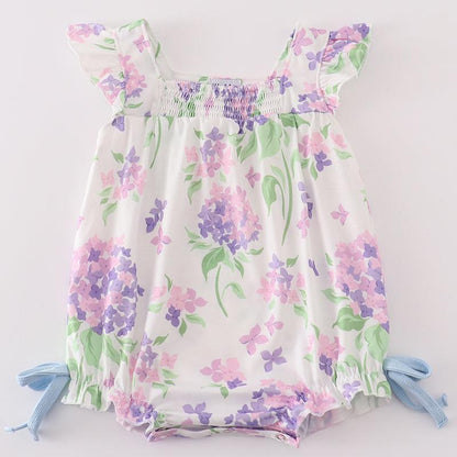 Purple Hydrangea Print Smocked Girl Bubble