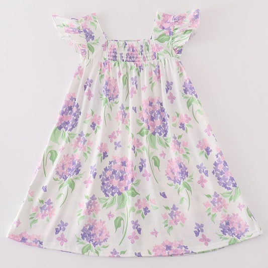 Purple Hydrangea Print Smocked Dress