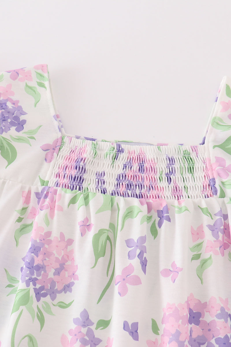 Purple Hydrangea Print Smocked Dress