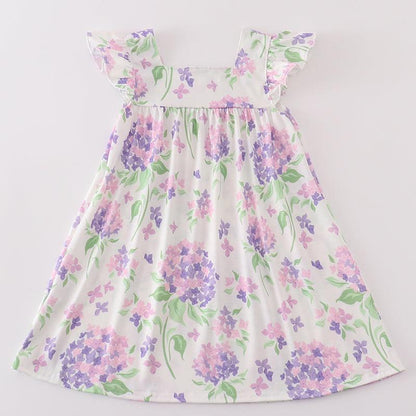 Purple Hydrangea Print Smocked Dress