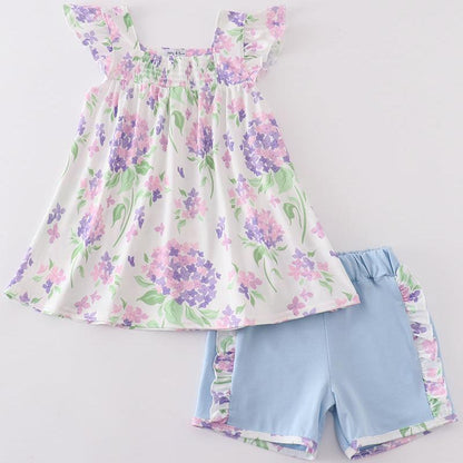 Purple Hydrangea Print Smocked Girl Set