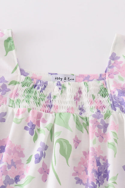 Purple Hydrangea Print Smocked Girl Set