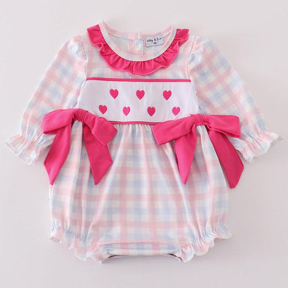 Pink Heart Embroidered Girl Plaid Bubble