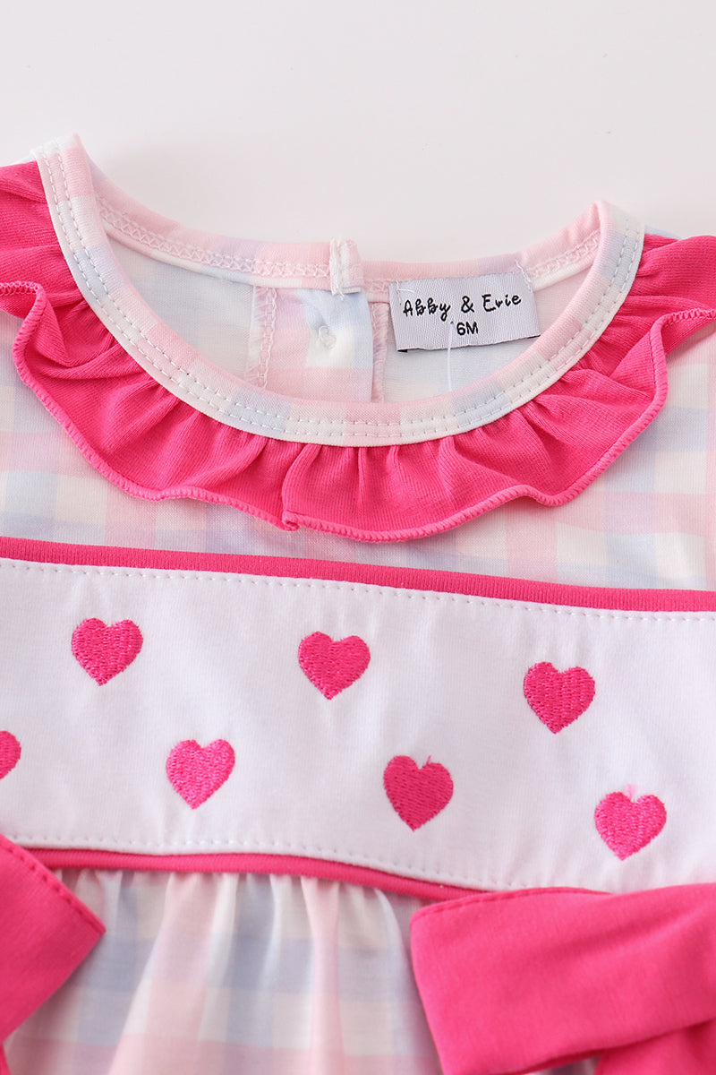 Pink Heart Embroidered Girl Plaid Bubble