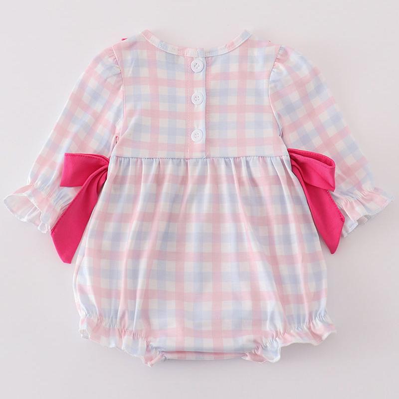 Pink Heart Embroidered Girl Plaid Bubble