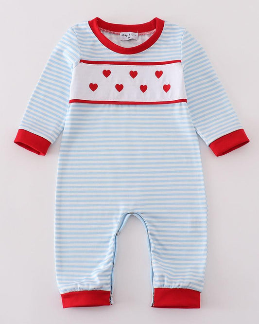 Heart Embroidered Blue Stripe Boy Romper