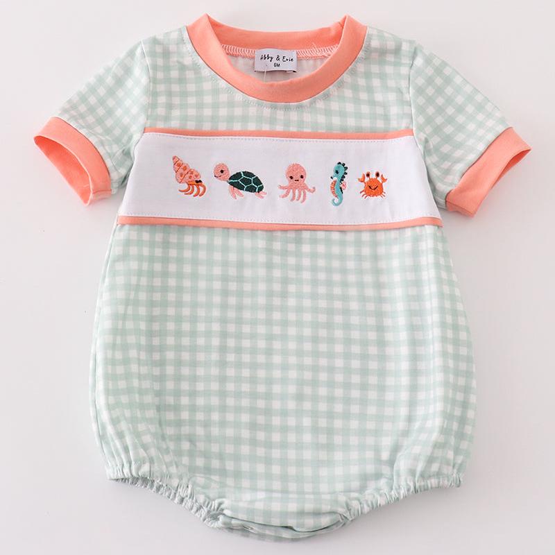 Sea Creatures Embroidered Coral Sage Boy Bubble