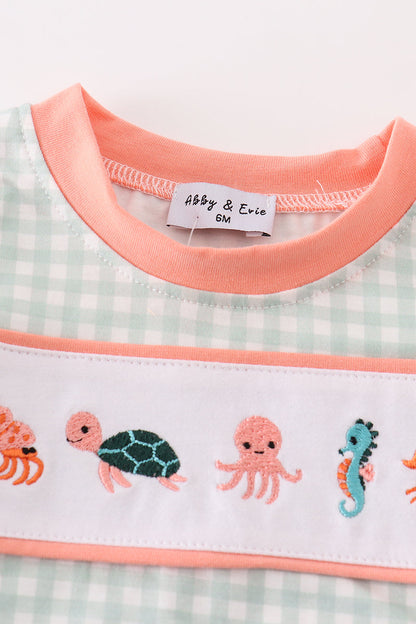 Sea Creatures Embroidered Coral Sage Boy Bubble