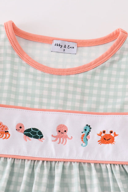 Sea Creatures Embroidered Sage Coral Dress