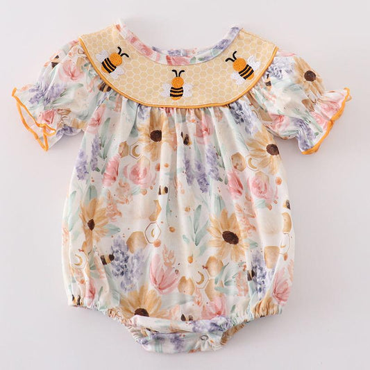 Honey Bee Embroidered Floral Girl Bubble