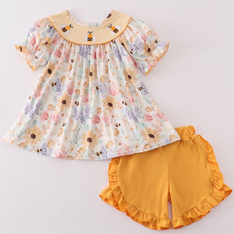 Honey Bee Embroidered Yellow Girl Shorts Set