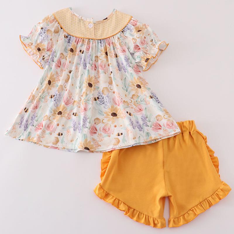 Honey Bee Embroidered Yellow Girl Shorts Set