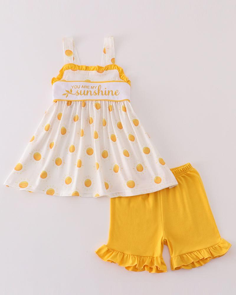 You Are My Sunshine Embroidered Yellow Girl Shorts Set