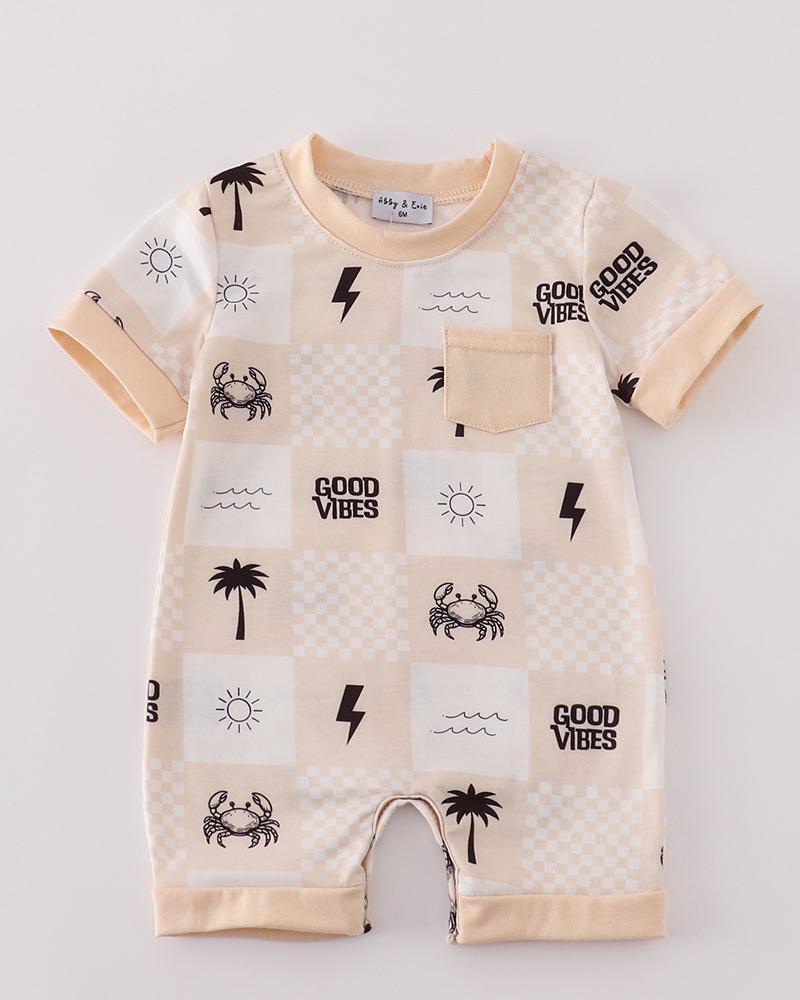 Good Vibes Print Beige Boy Romper