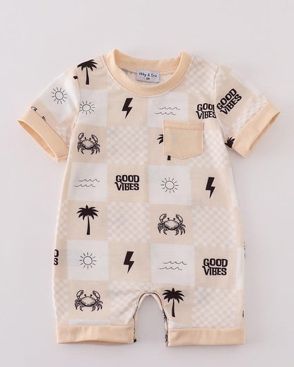 Good Vibes Print Beige Boy Romper