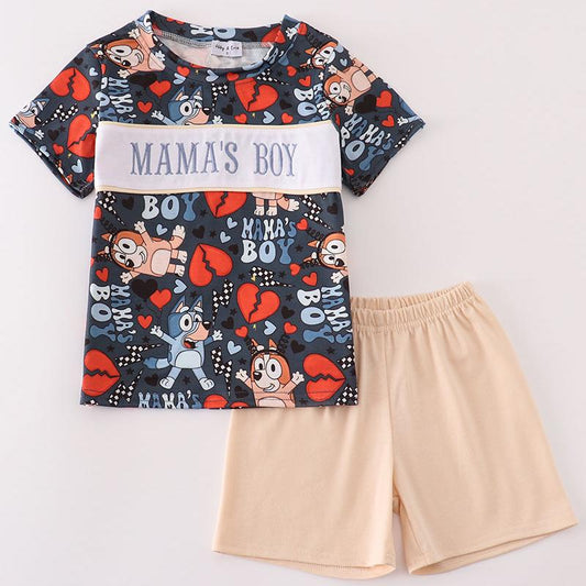 Mama’s Boy Embroidered Blue Dog Character Print Boy Shorts Set