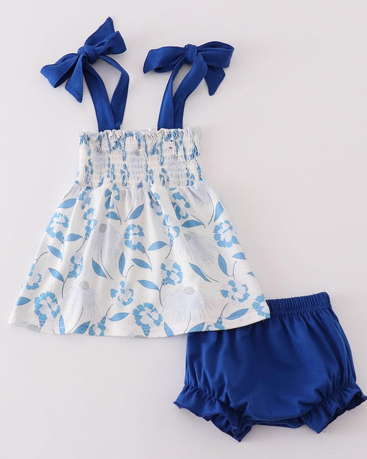 Blue Pretty Petals Print Smocked Girl Bloomers Set