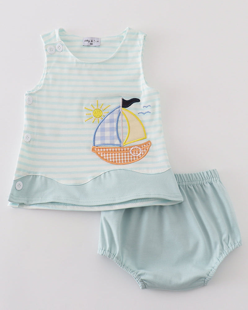 Sailboat Applique Blue Stripe Boy Bloomers Set