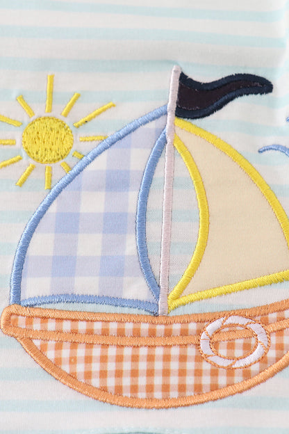 Sailboat Applique Blue Stripe Boy Bloomers Set