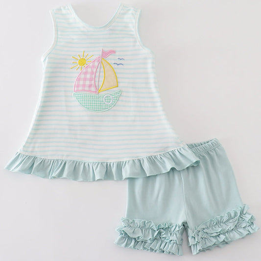 Sailboat Applique Blue Stripe Girl Shorts Set