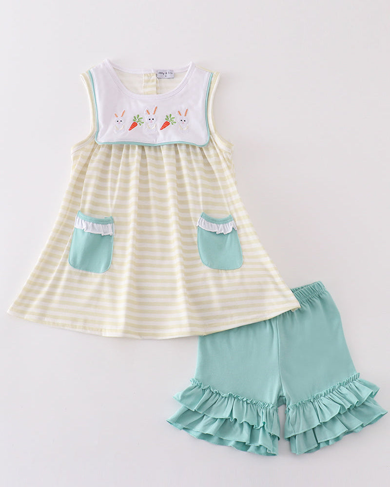 Easter Bunny Carrots Embroidered Stripe Girl Shorts Set