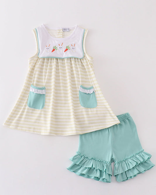 Easter Bunny Carrots Embroidered Stripe Girl Shorts Set