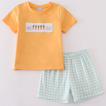 Easter Bunny Carrots Embroidered Boy Gingham Shorts Set