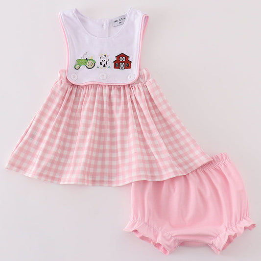 Pink Plaid Farm Embroidered Girl Bloomers Set