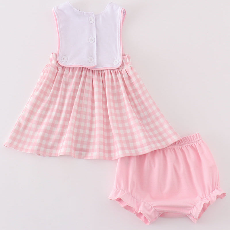 Pink Plaid Farm Embroidered Girl Bloomers Set