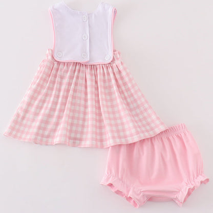 Pink Plaid Farm Embroidered Girl Bloomers Set