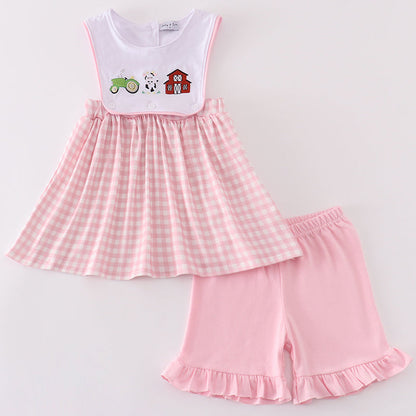 Pink Plaid Farm Embroidered Girl Shorts Set