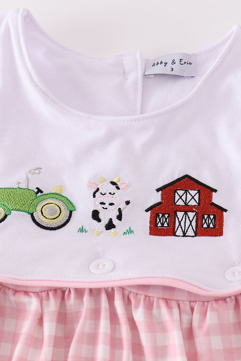 Pink Plaid Farm Embroidered Girl Shorts Set