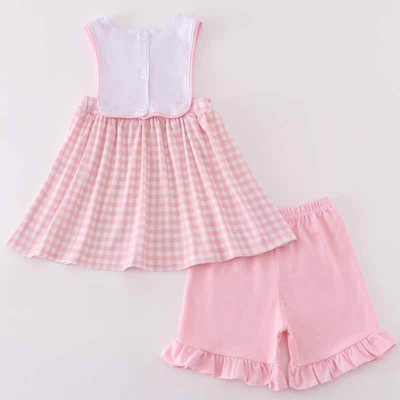 Pink Plaid Farm Embroidered Girl Shorts Set