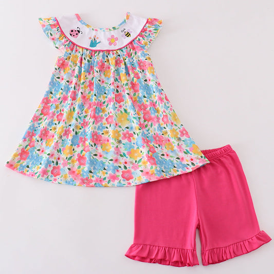 Floral Spring Embroidered Girl Shorts Set