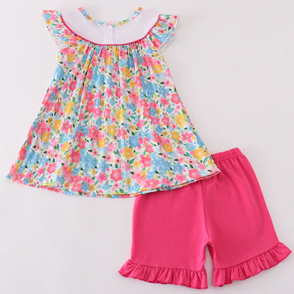 Floral Spring Embroidered Girl Shorts Set