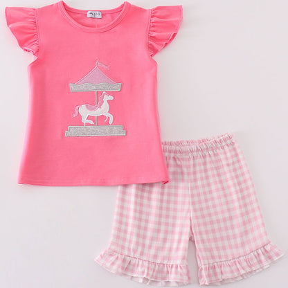 Carousel Applique Pink Girl Shorts Set