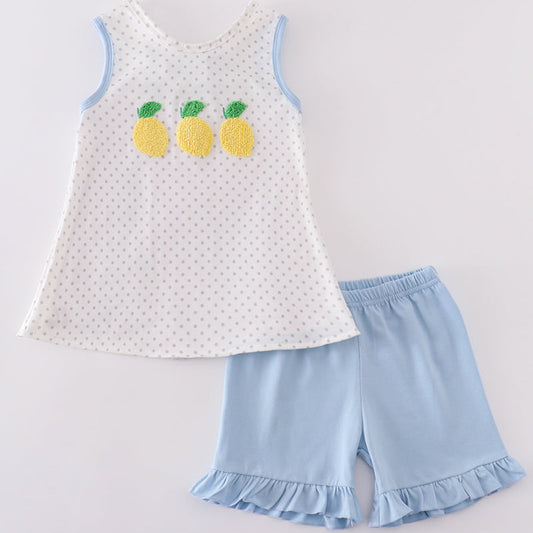 Lemon French Knot Blue Polka Dot Girl Shorts Set