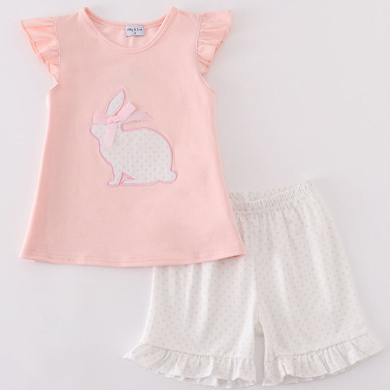 Polka Dot Bunny Applique Pink Girl Shorts Set