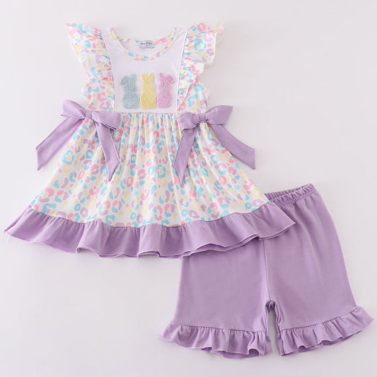 Easter Bunny French Knot Purple Girl Shorts Set