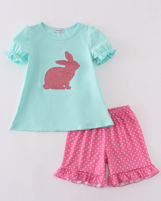 Sequin Bunny Mint Girl Shorts Set