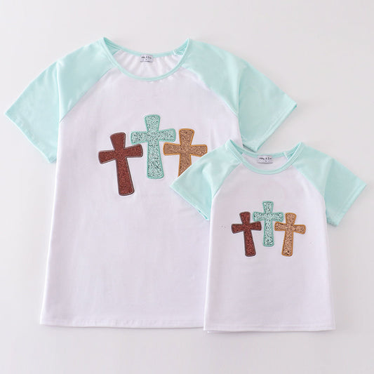 Glitter Cross Embroidered Mom+Me White Top