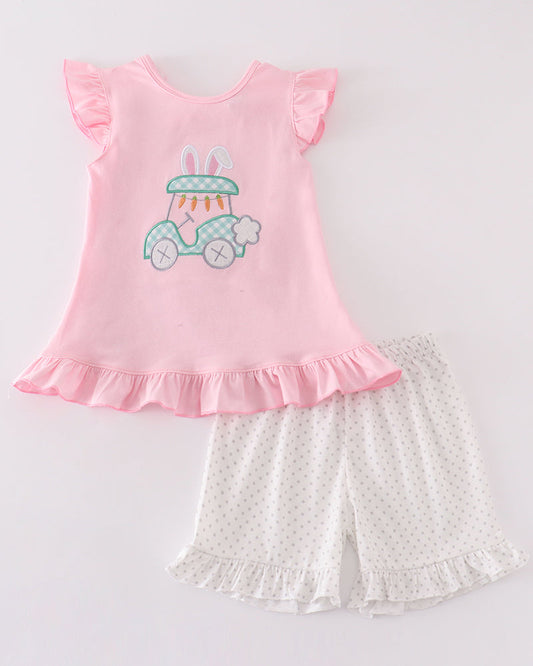 Easter Golf Cart Applique Pink Girl Shorts Set